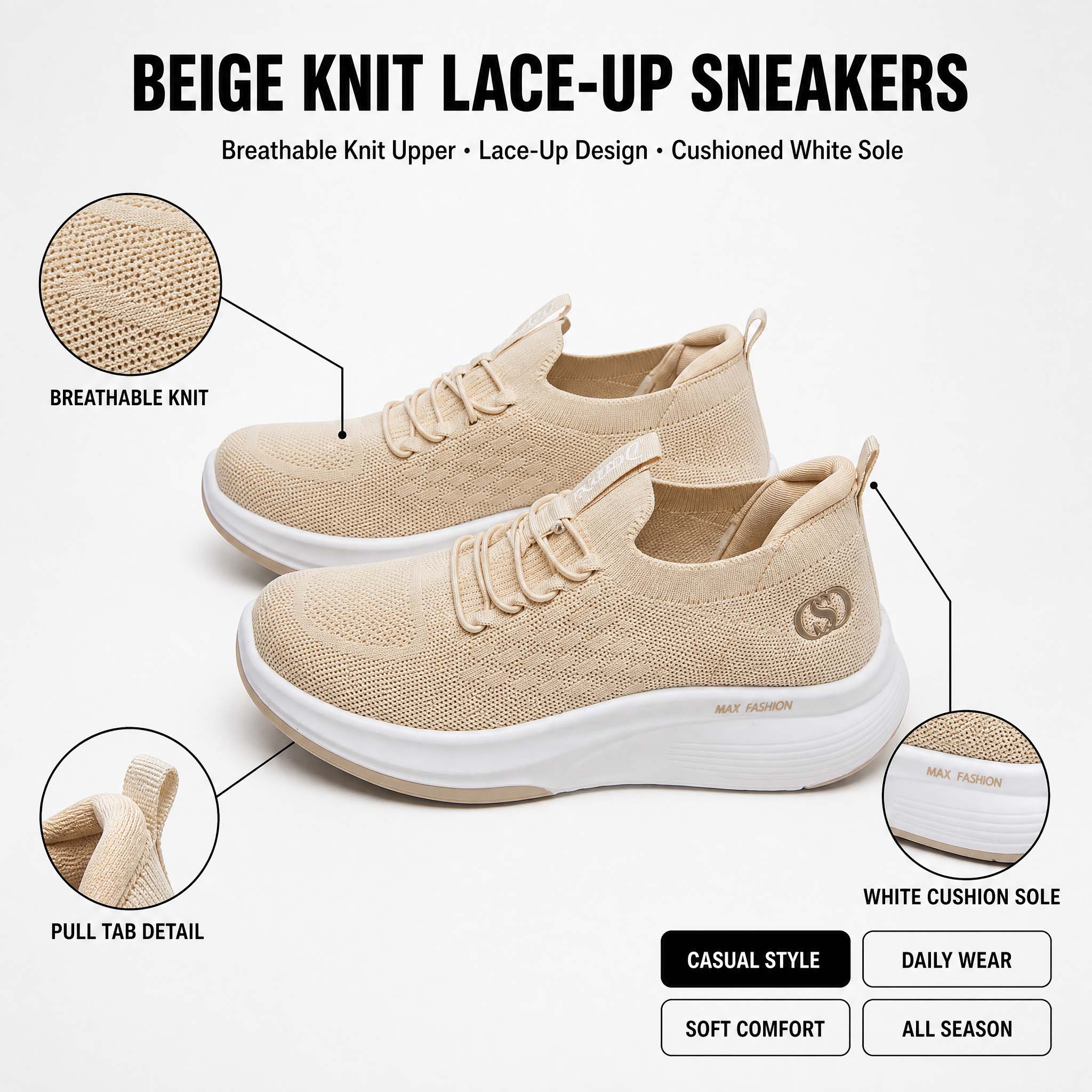 Knit Fabric Lace Up Sneakers - Dames gebreide platform wandelschoenen, ademende gebreide
